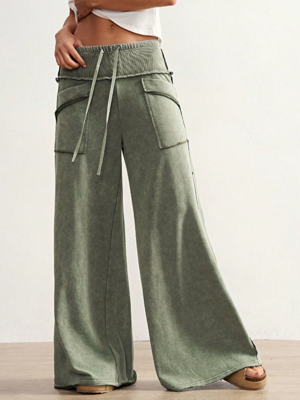 Army Green Casual Women's Streetwear Knit Pants - Picture 5 of 7